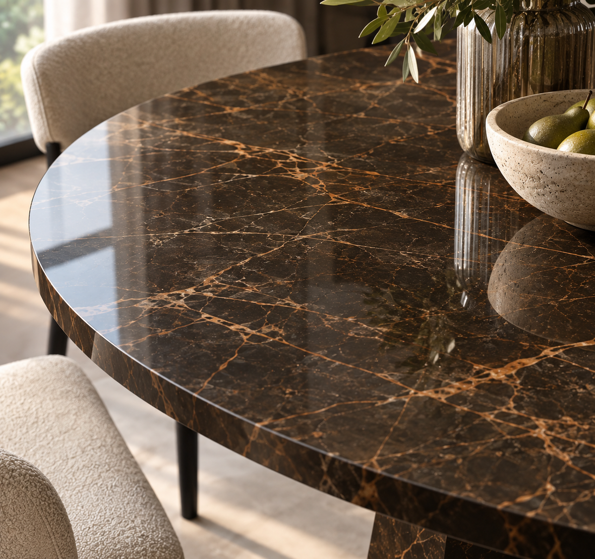 Close-up of the gold veining on the Lucia Saint Laurent marble round table top