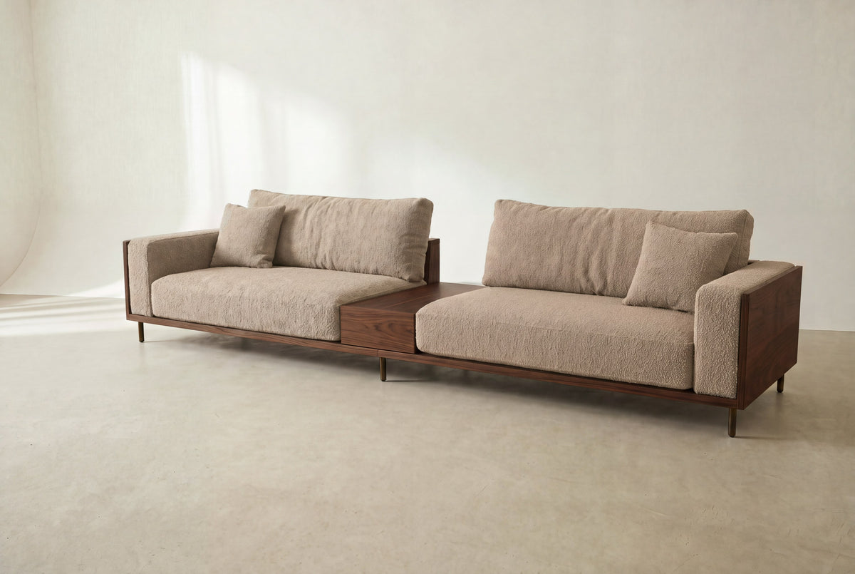 Cornice wood frame sofa in walnut-finish ash and beige bouclé with built-in centre table