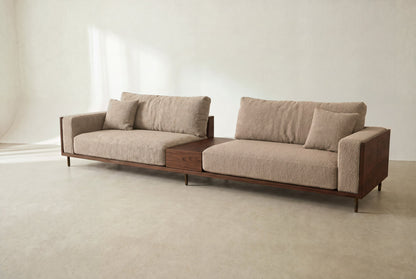 Cornice wood frame sofa in walnut-finish ash and beige bouclé with built-in centre table