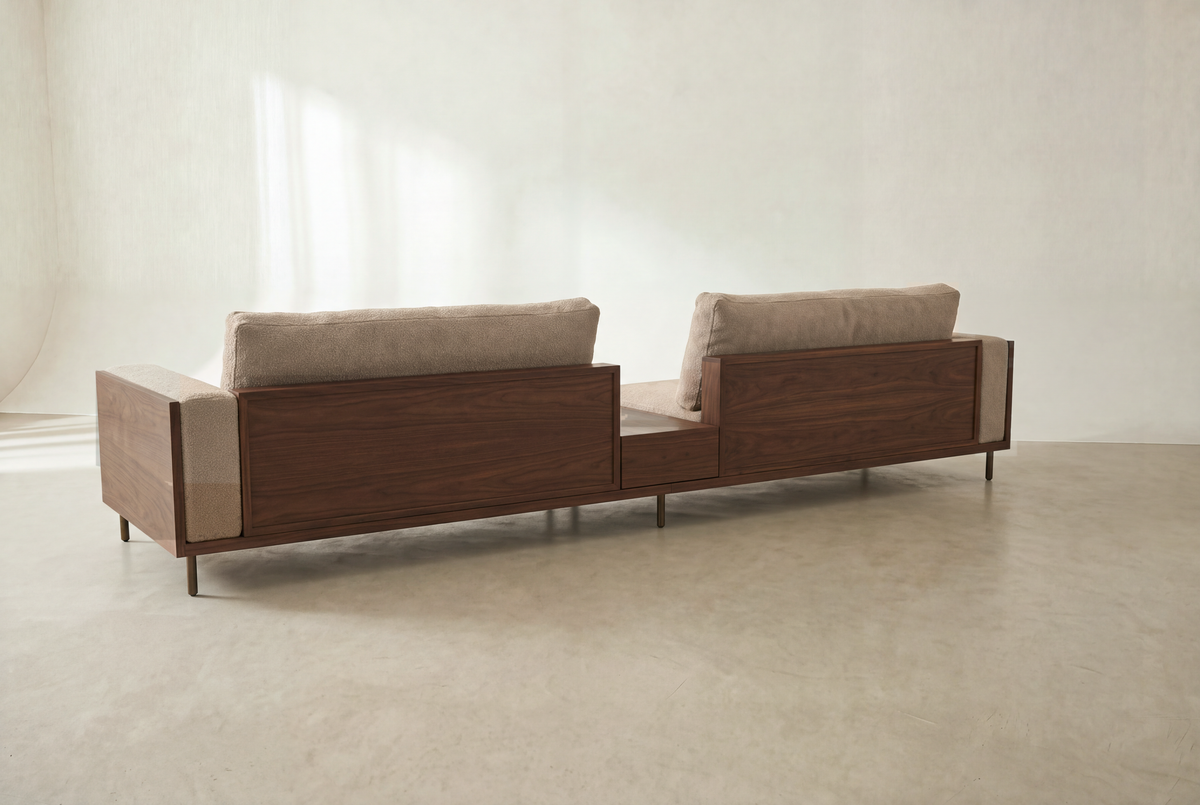 Cornice sofa back view at an angle, walnut-finish back panel