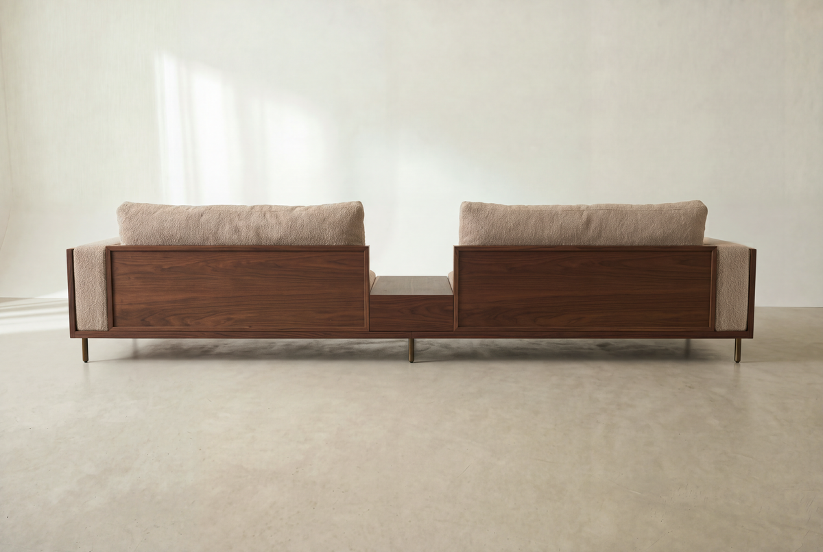Cornice sofa back view, walnut-finish back panel and plinth