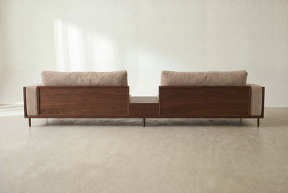 Cornice sofa back view, walnut-finish back panel and plinth