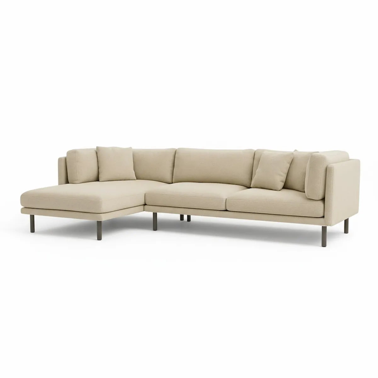Modern L-shaped sofa upholstered in soft stone velvet fabric