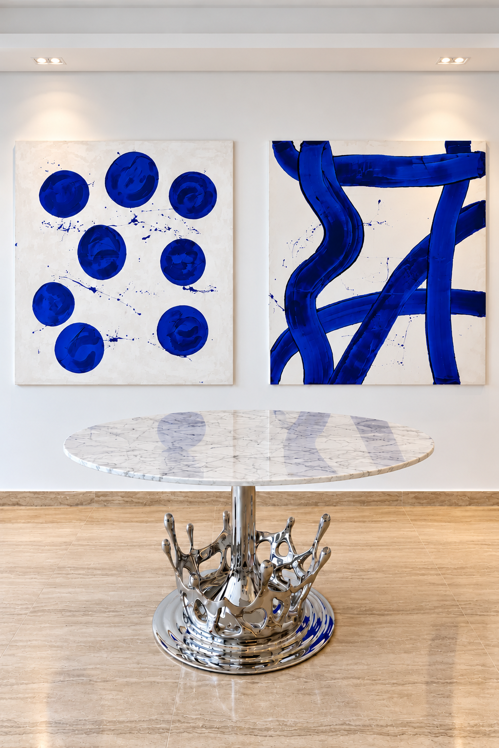 Custom round marble table on a sculptural polished steel splash base, in front of two blue abstract paintings