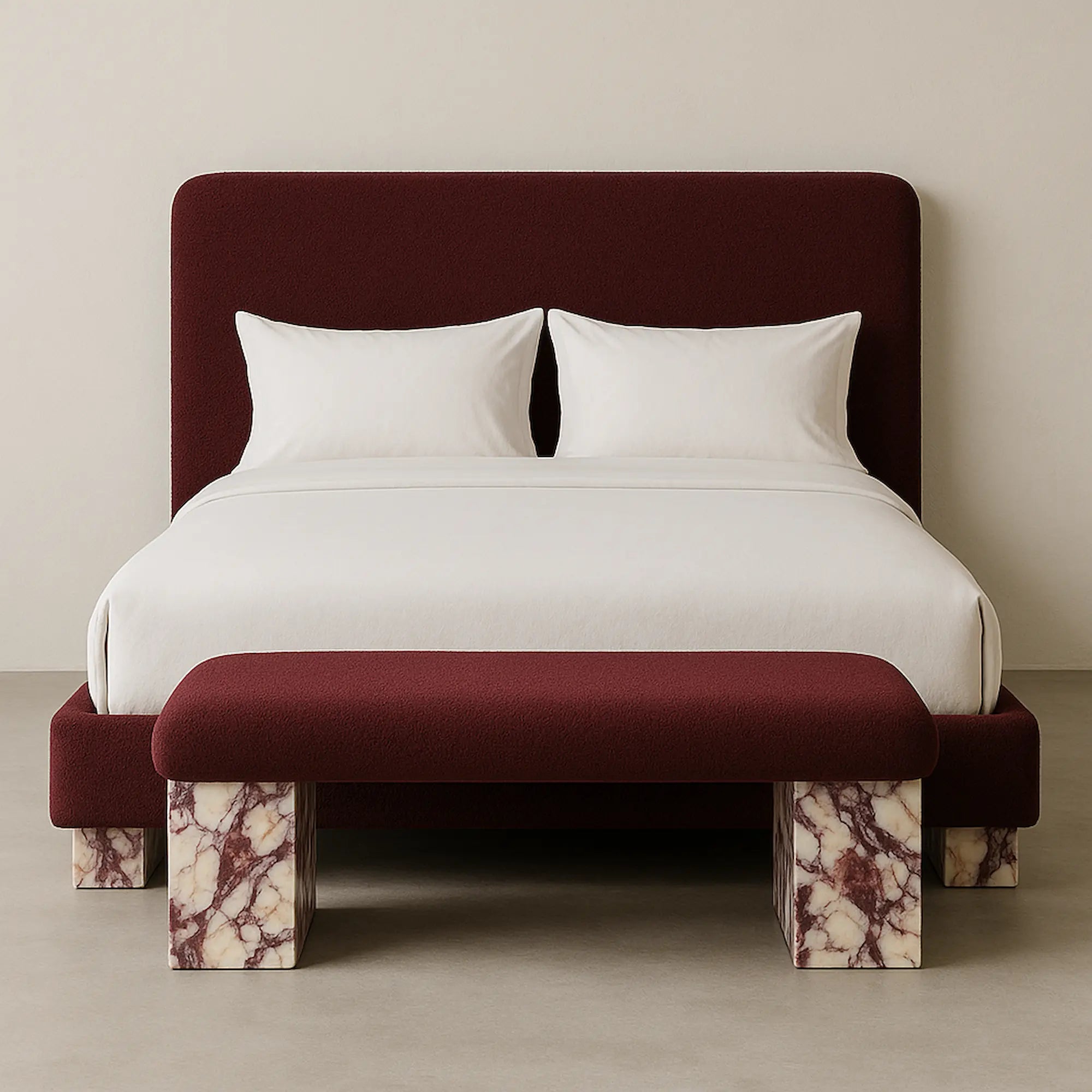 Casa Di Andi luxury burgundy upholstered bed with marble legs and bench, modern bedroom furniture made in Dubai.