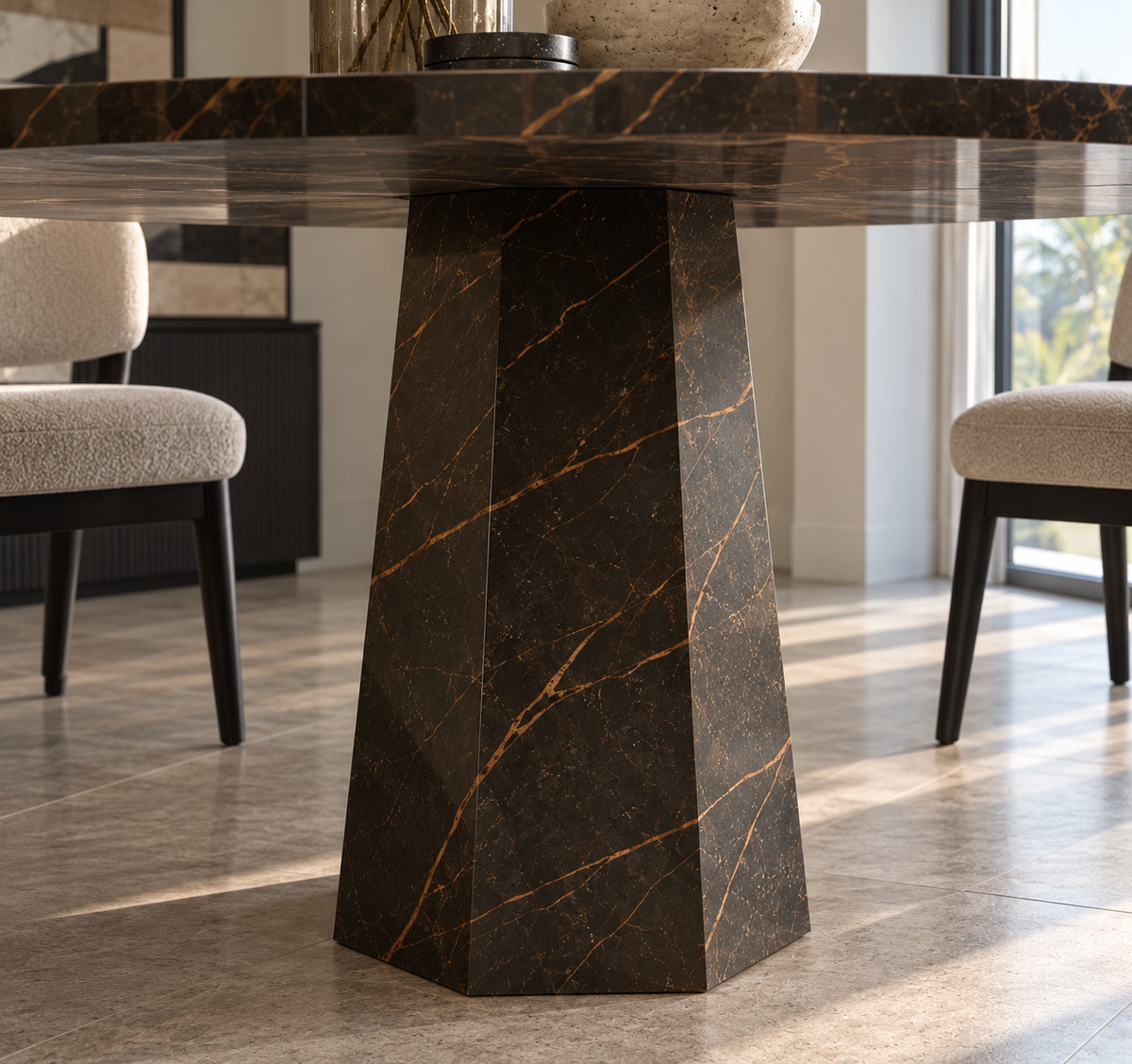 Close-up of the tapered Saint Laurent marble pedestal base of the Lucia round dining table
