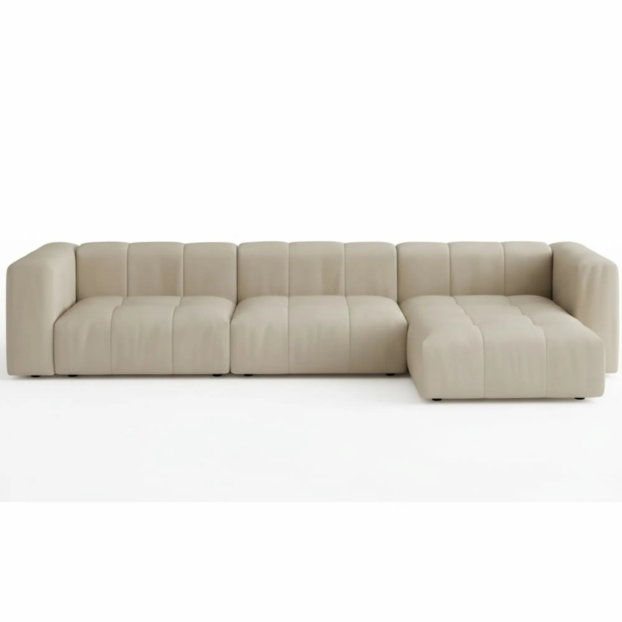Modulo L-Shape Right Sofa in beige fabric — handcrafted modular design by Casa Di Andi, featuring deep seating and curved 1970s-inspired lines on a white background.