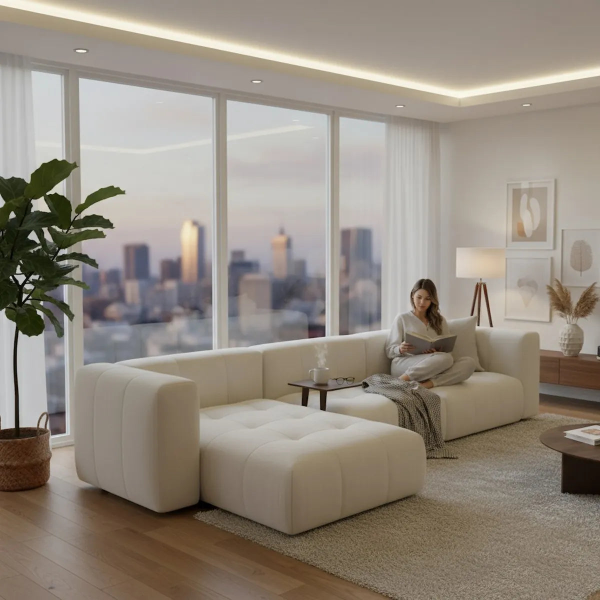 Modern living room with a woman sitting on a white modular sofa, large windows, and cityscape view.