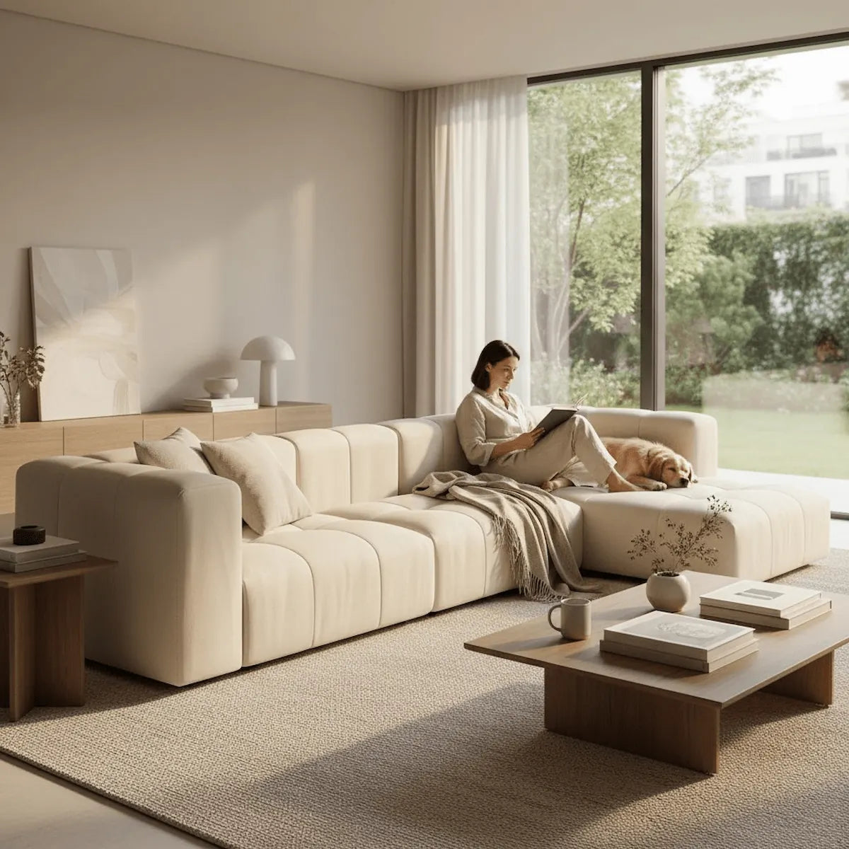 Modulo L-Shape Right Sofa in beige fabric — handcrafted modular design by Casa Di Andi, featuring deep seating and curved 1970s-inspired lines on a white background.