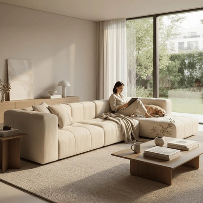 Modulo L-Shape Right Sofa in beige fabric — handcrafted modular design by Casa Di Andi, featuring deep seating and curved 1970s-inspired lines on a white background.