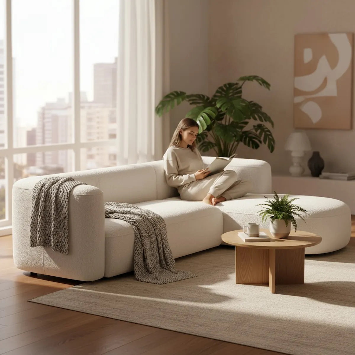 Onda L-Shape Right Modular Sofa in beige bouclé fabric on a white background — handcrafted curved design by Casa Di Andi Dubai.