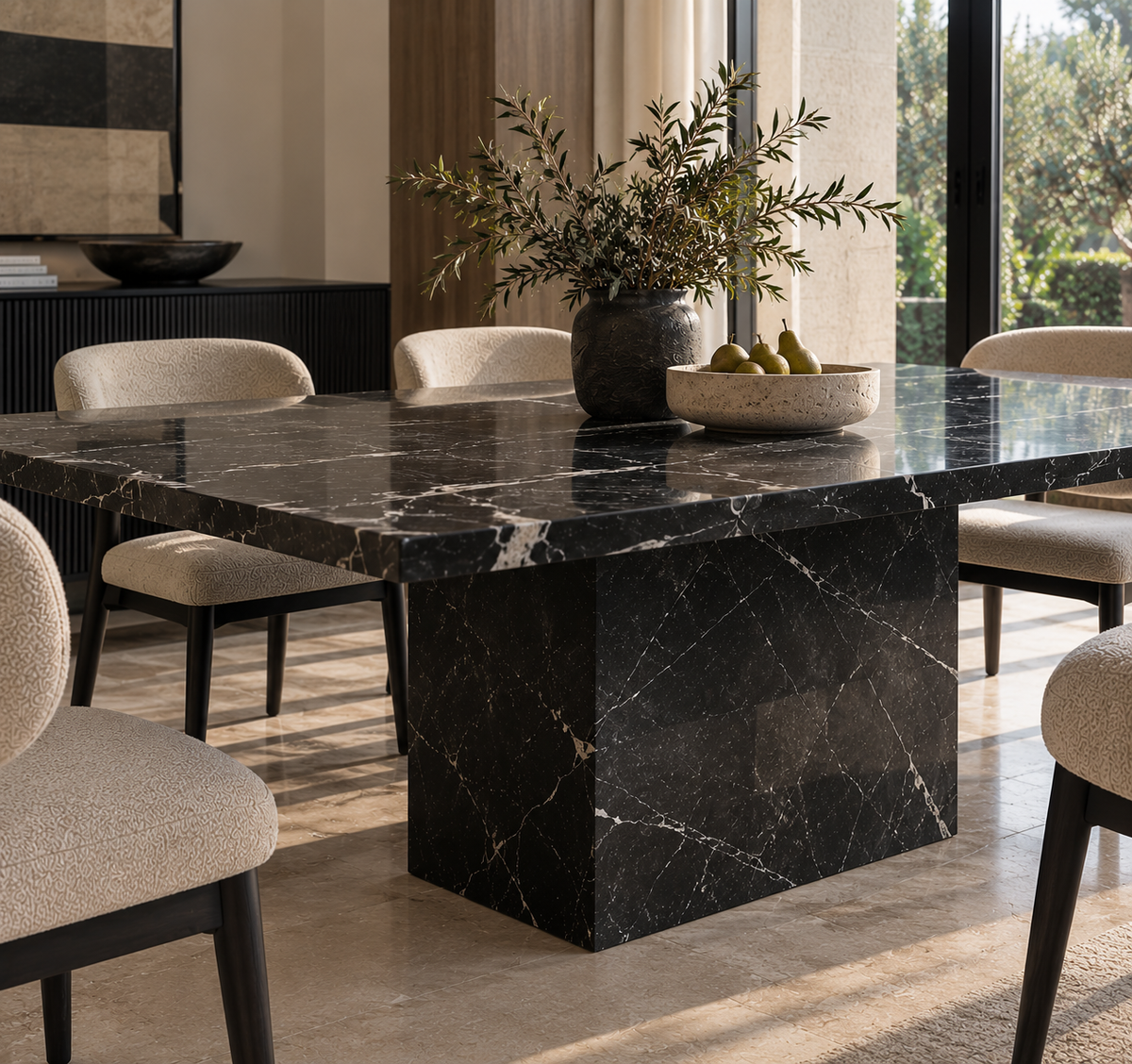 Quadro Black Marquina marble dining table with cream dining chairs in a dining room
