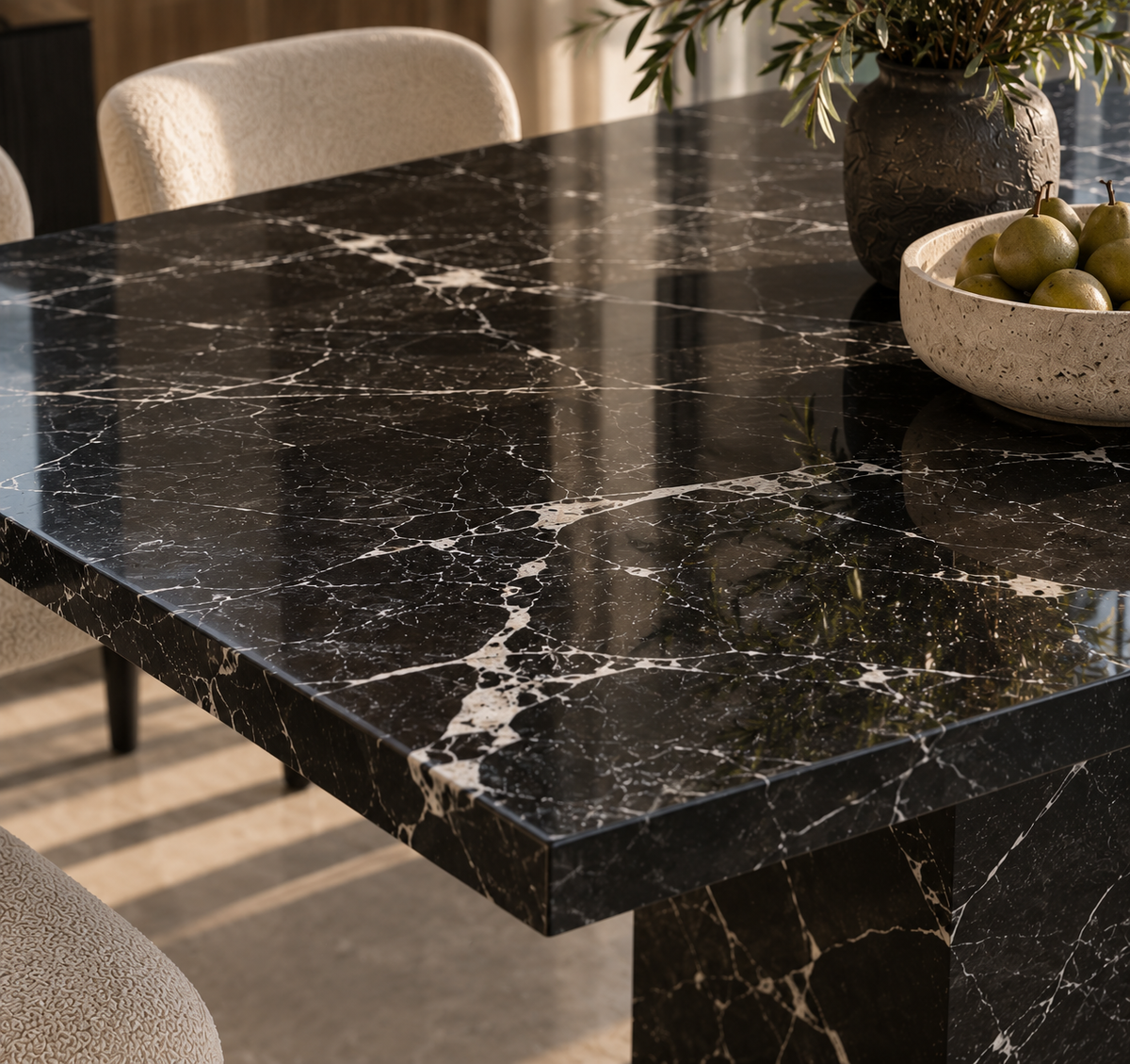 Close-up of the white veining on the Quadro Black Marquina marble dining table top