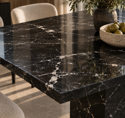 Close-up of the white veining on the Quadro Black Marquina marble dining table top