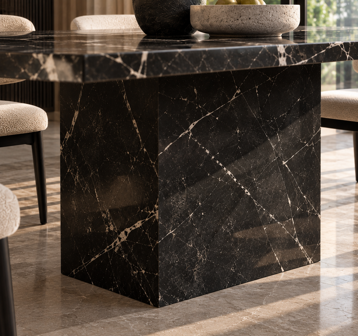 Close-up of the solid Black Marquina marble block base of the Quadro dining table
