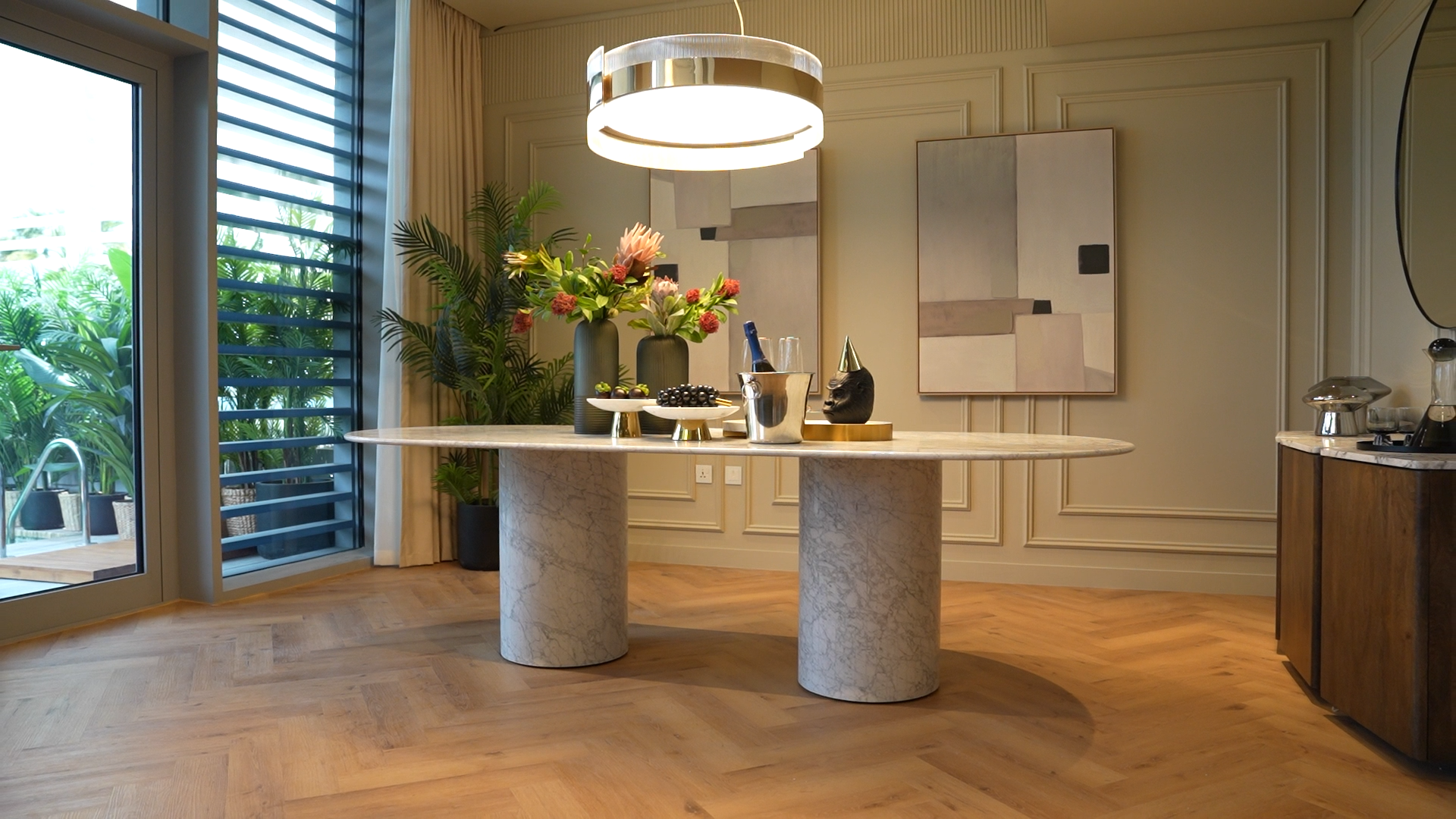 Large Oval White Carrara Marble Dining Table in Modern Livingroom Casa Di Andi Dubai