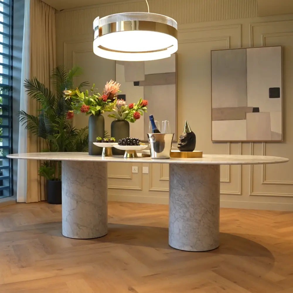 White Carrara marble oval table with dual base – Casa Di Andi Dubai