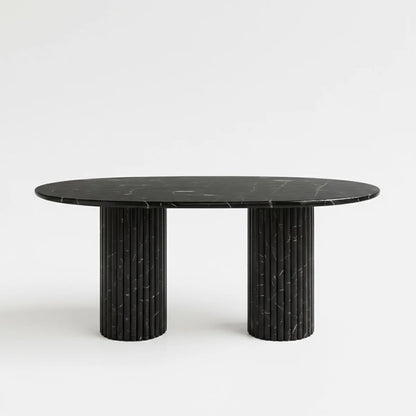 Black marble dining table with textured cylindrical legs on a white background Casa Di Andi Dubai