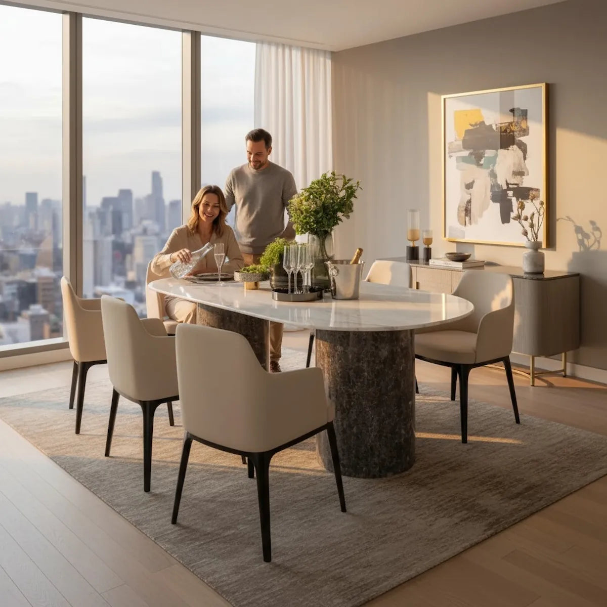 Dining area with marble table and chairs in a modern home setting
