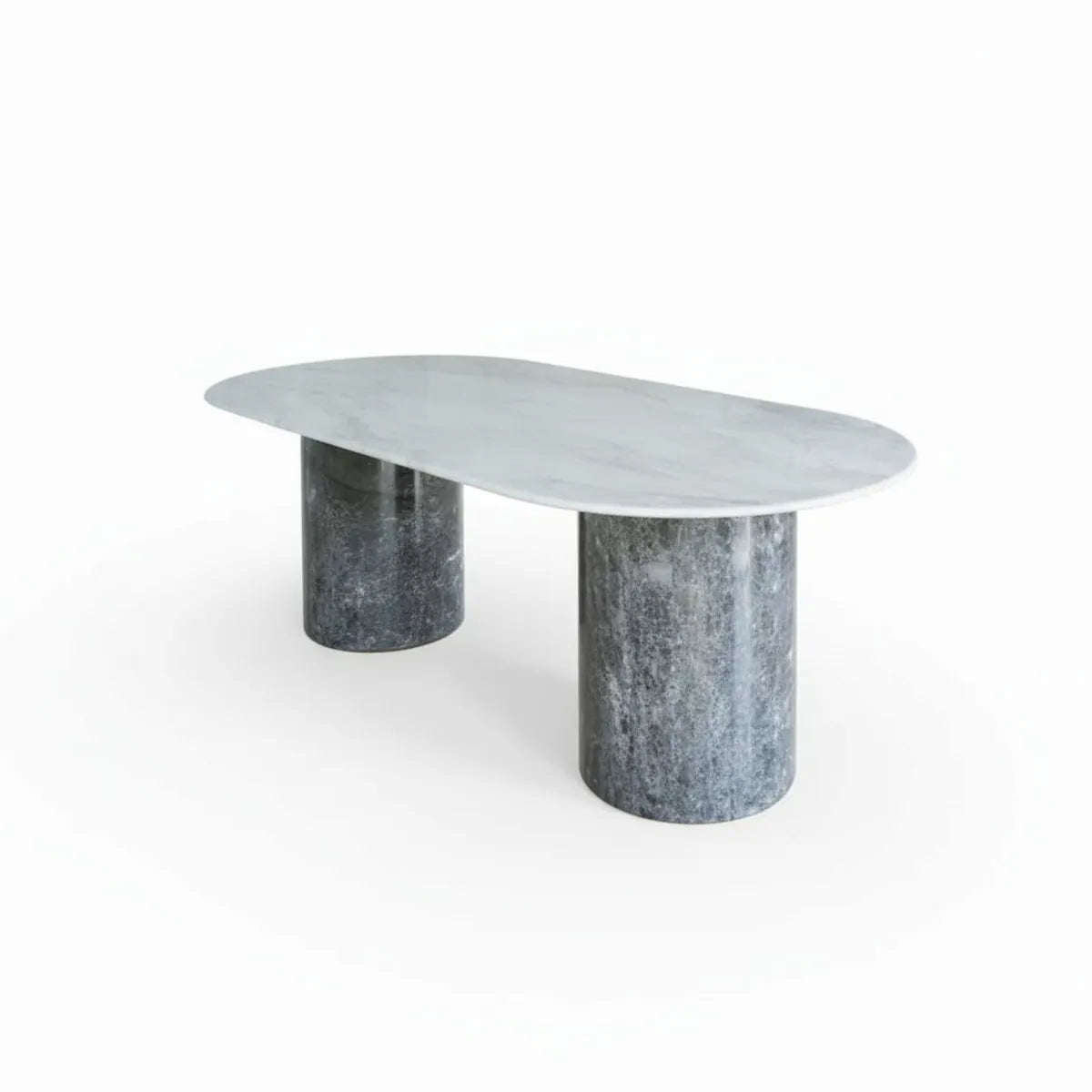 Modern dining table with marble base and top on a white background