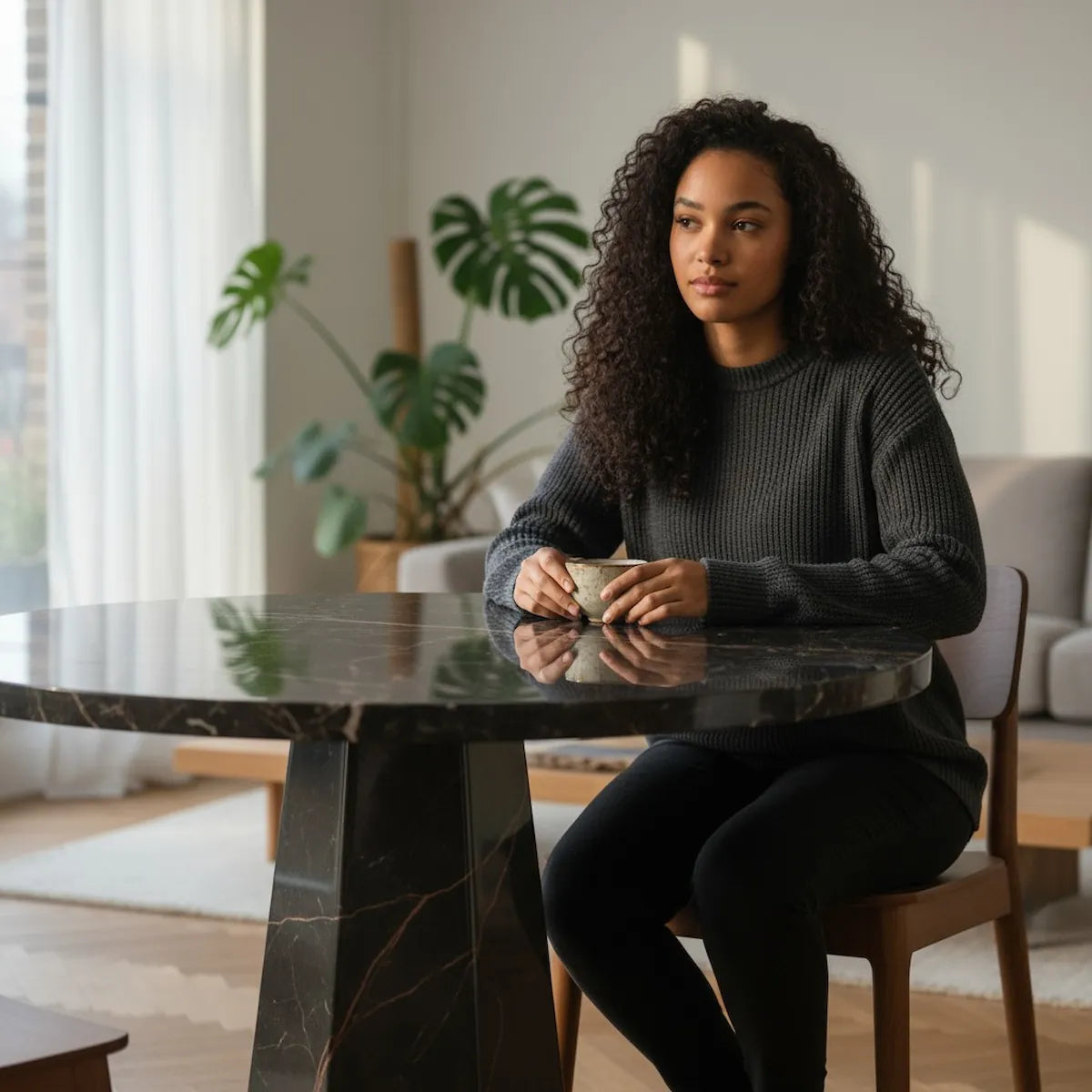 Woman sitting at a brown marble table in a modern living room by Casa Di Andi Dubai