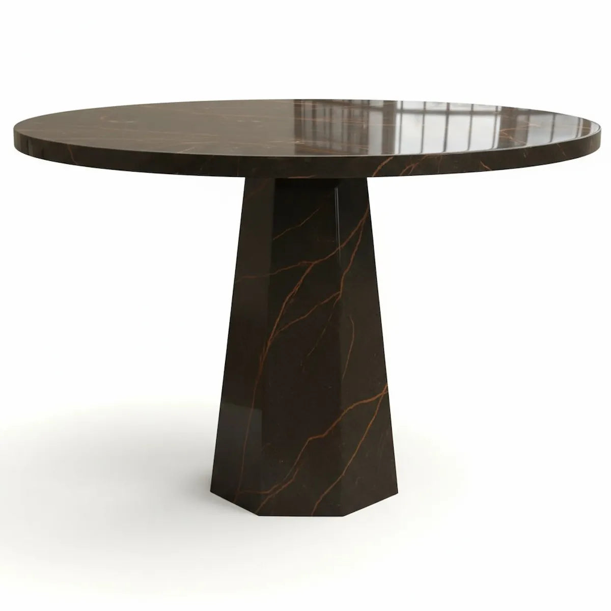 Round marble table with a dark brown and gold marbled pattern on a white background Casa Di Andi Dubai