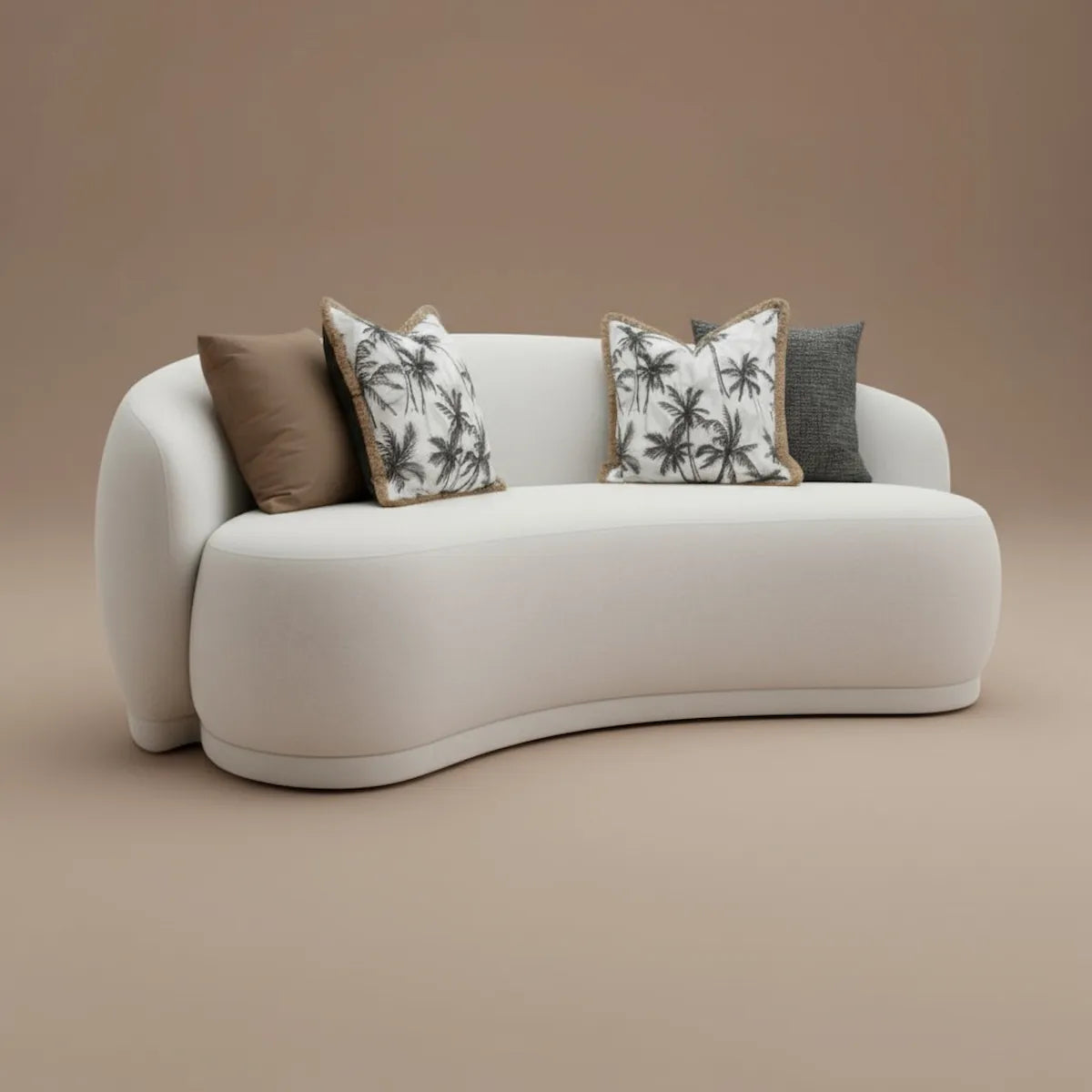 Mira Curved 3-Seater Sofa in off-white fabric, styled with decorative cushions — modern sculptural design by Casa Di Andi Dubai.