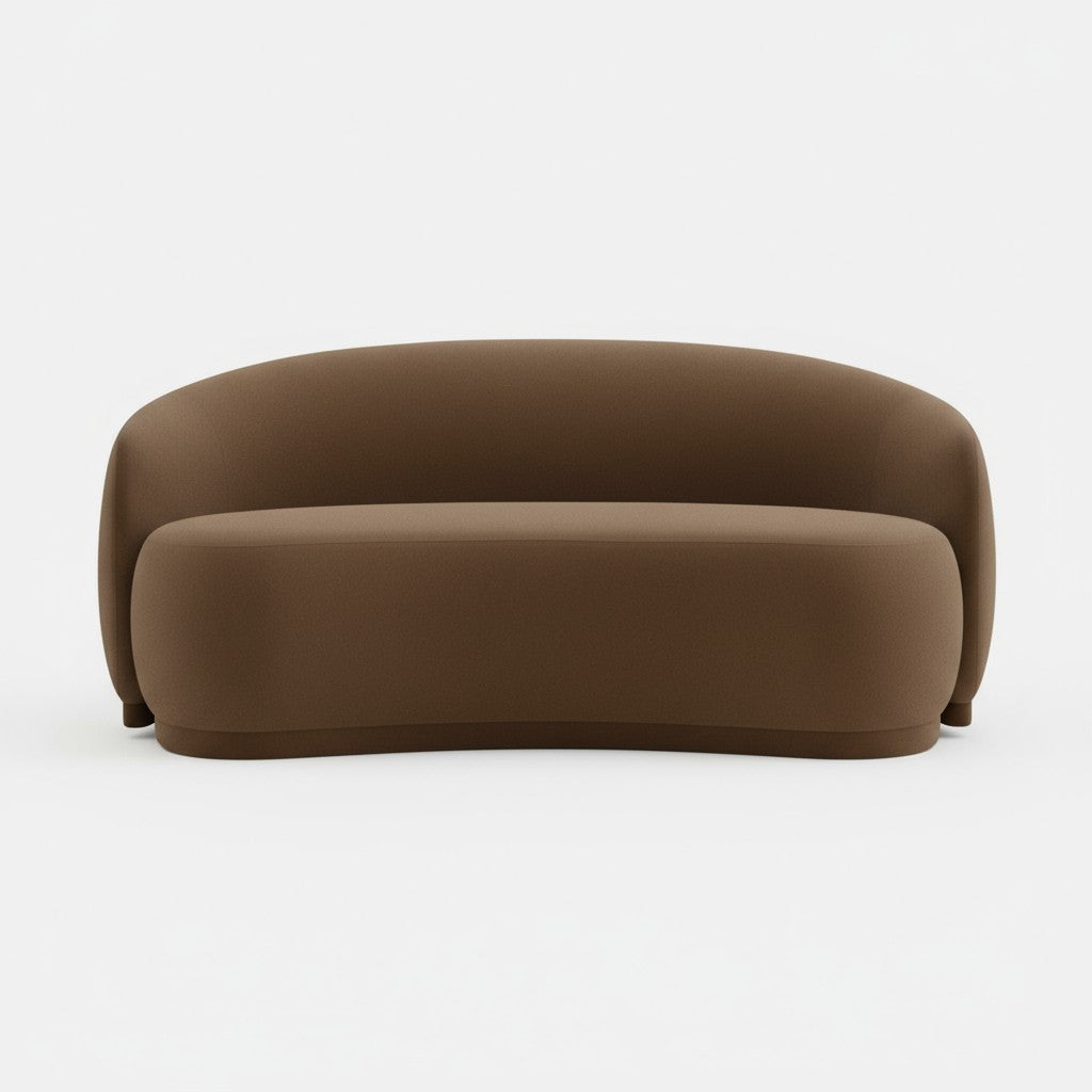 Modern brown velvet curved 3-seater sofa with palm print cushions, designed by Casa Di Andi Dubai for elegant living rooms