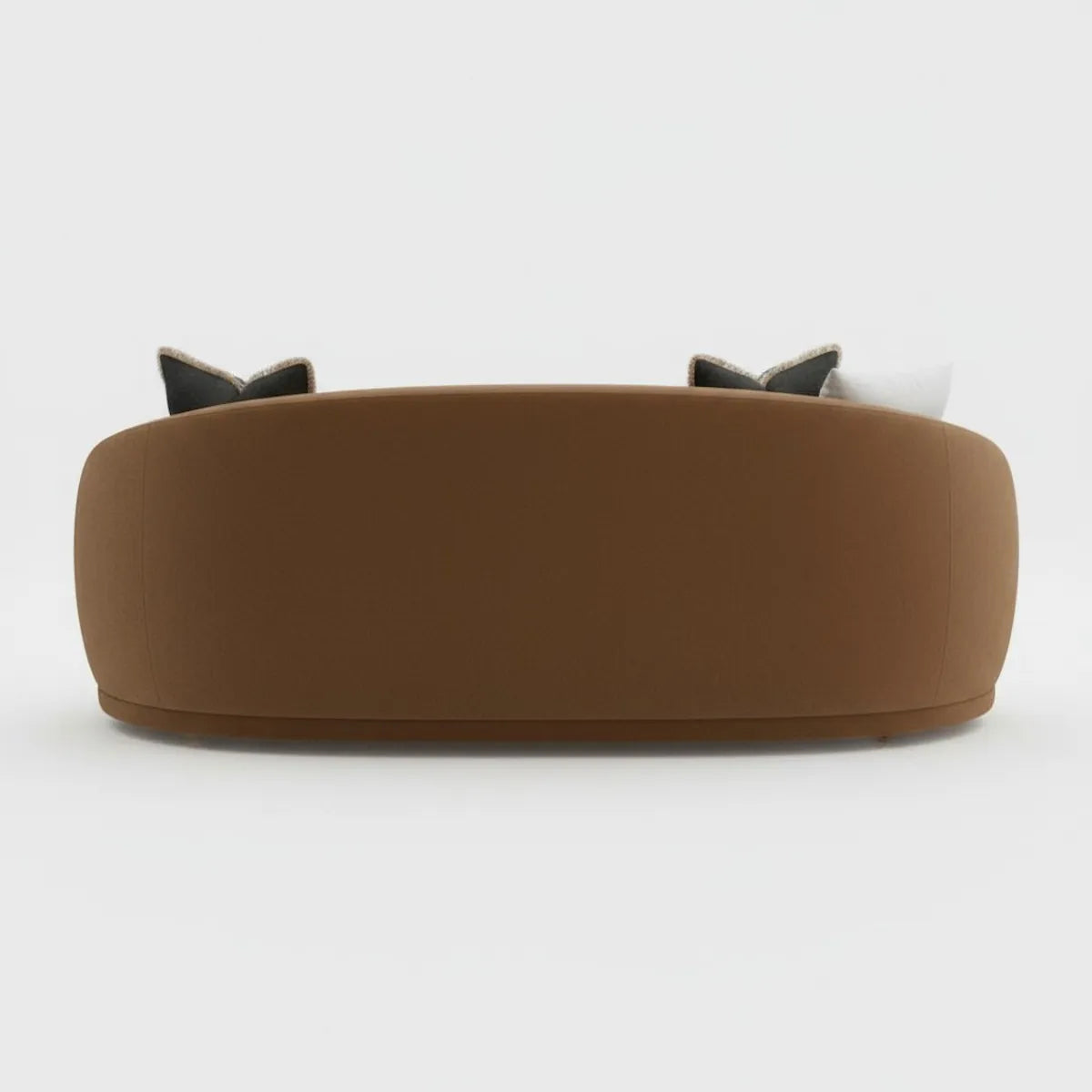 Modern brown velvet curved 3-seater sofa with palm print cushions, designed by Casa Di Andi Dubai for elegant living rooms