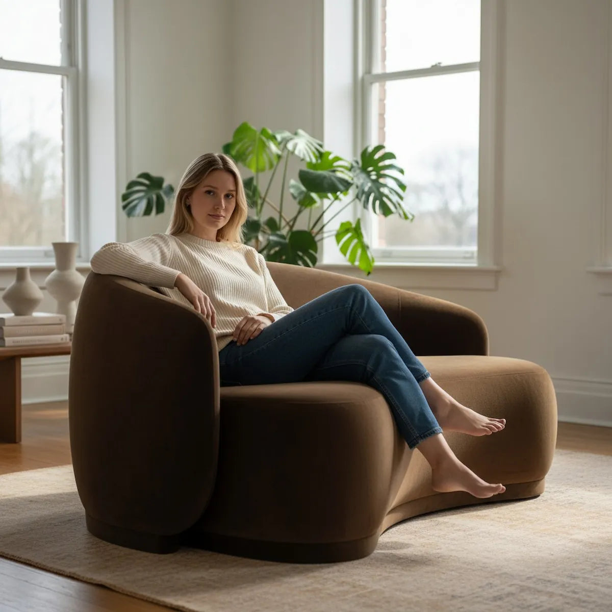 Modern brown velvet curved 3-seater sofa with palm print cushions, designed by Casa Di Andi Dubai for elegant living rooms