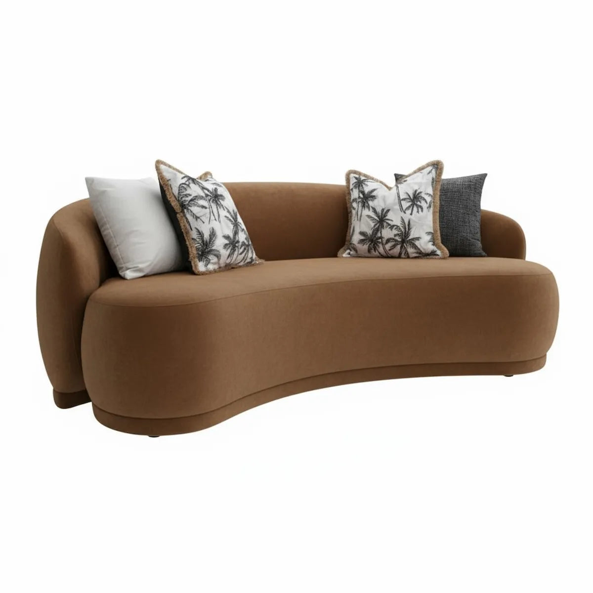 Modern brown velvet curved 3-seater sofa with palm print cushions, designed by Casa Di Andi Dubai for elegant living rooms