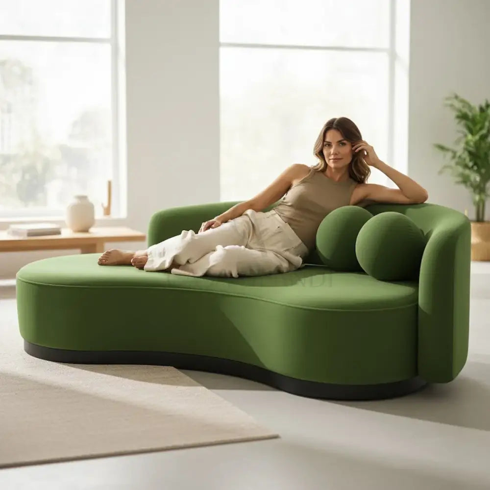 Luna curved green velvet sofa by Casa Di Andi Dubai with sculptural backrest lifestyle image