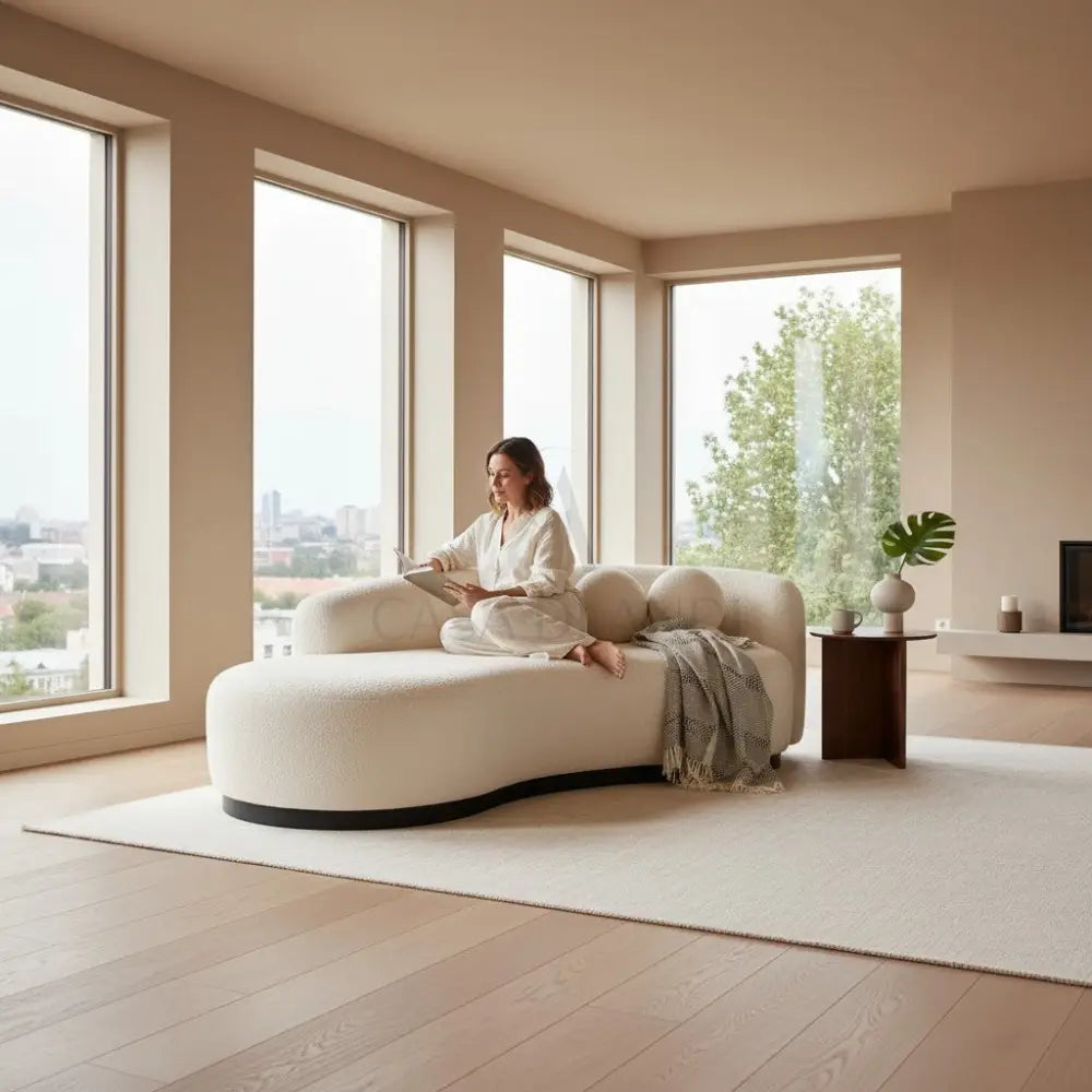 Curved Sofa Boucle Off White Right Arm