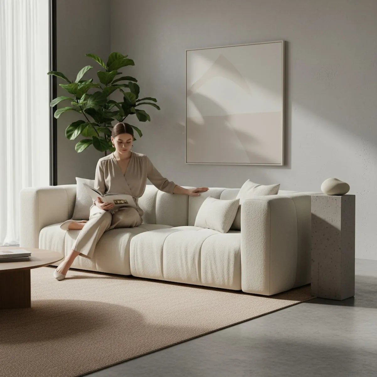 Woman sitting on a beige sofa in a modern living room with a plant and framed picture. Casa Di Andi Dubai