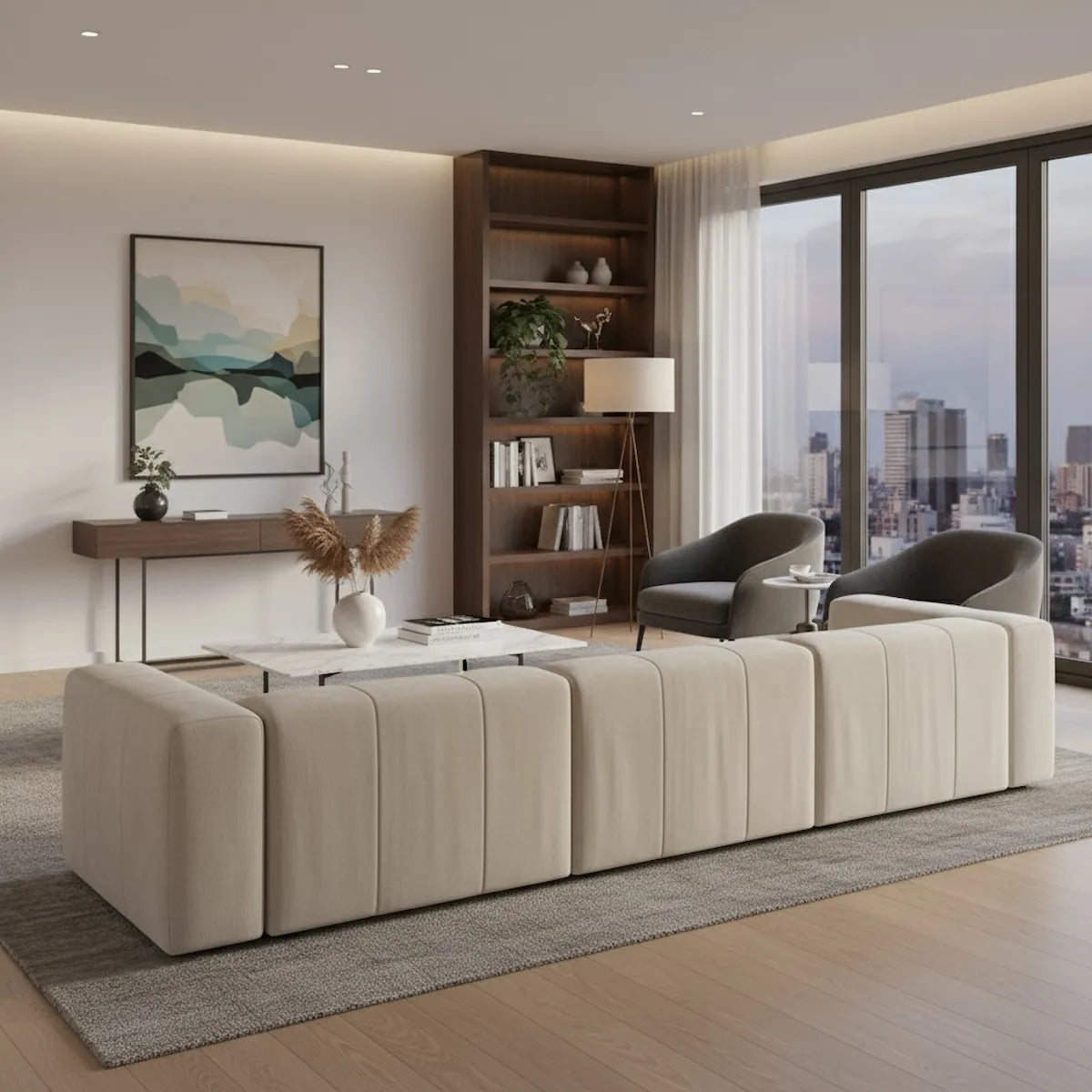 Modern living room with a beige sectional sofa, bookshelf, and cityscape view.