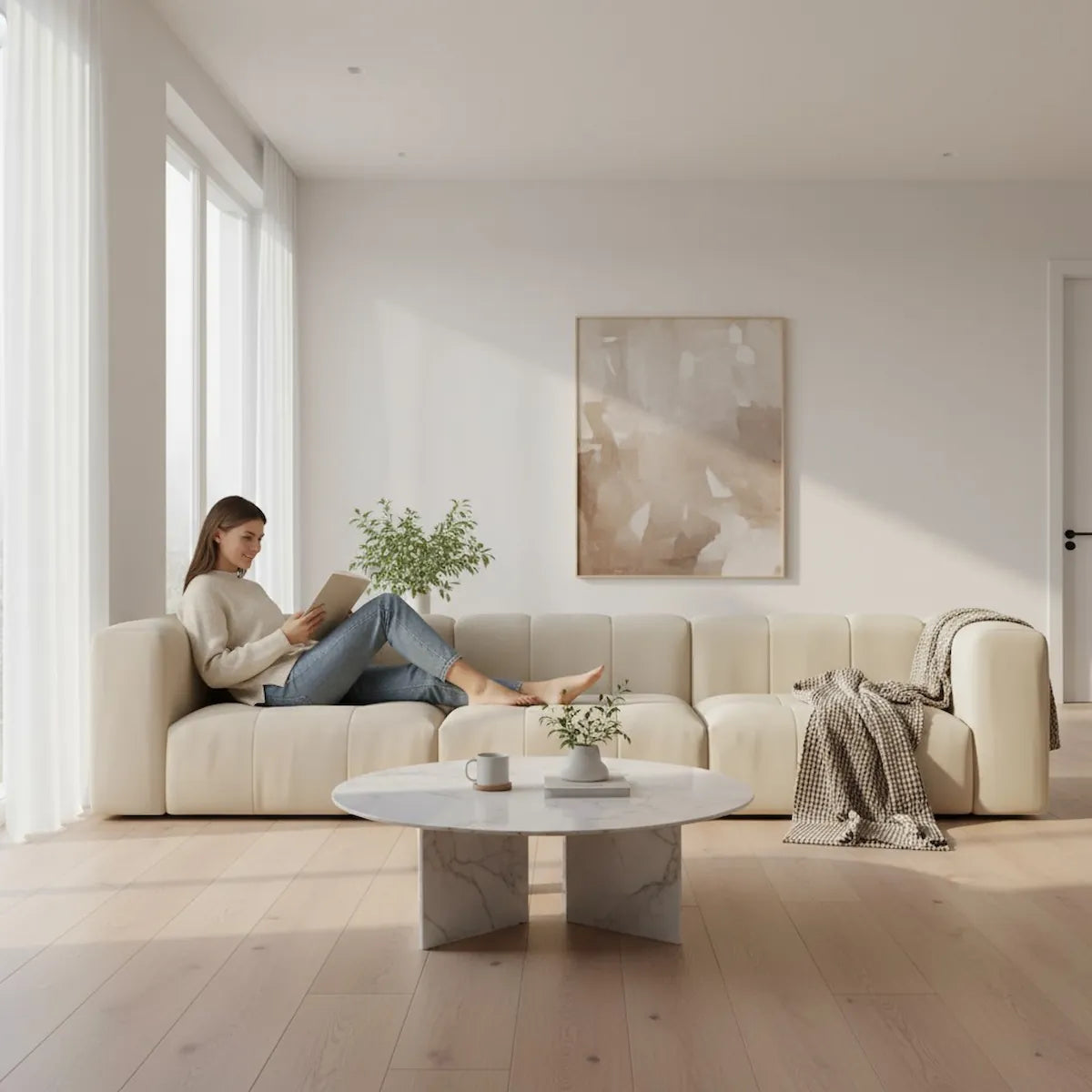 Woman reading a book on a beige modular sofa in a modern living room in Dubai with a marble coffee table and abstract art on the wall.