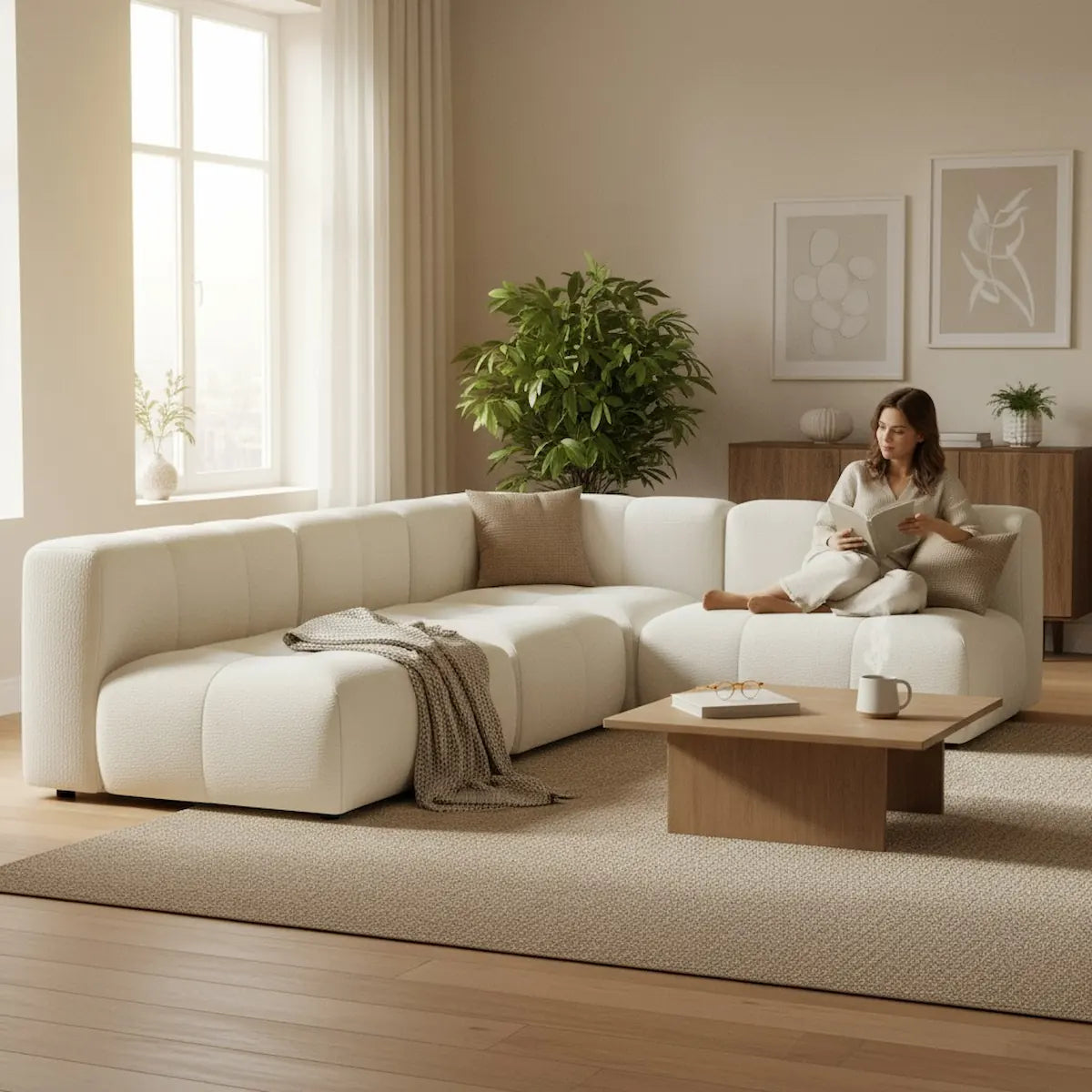 Woman reading a book on a white sectional sofa in a modern Dubai living room.